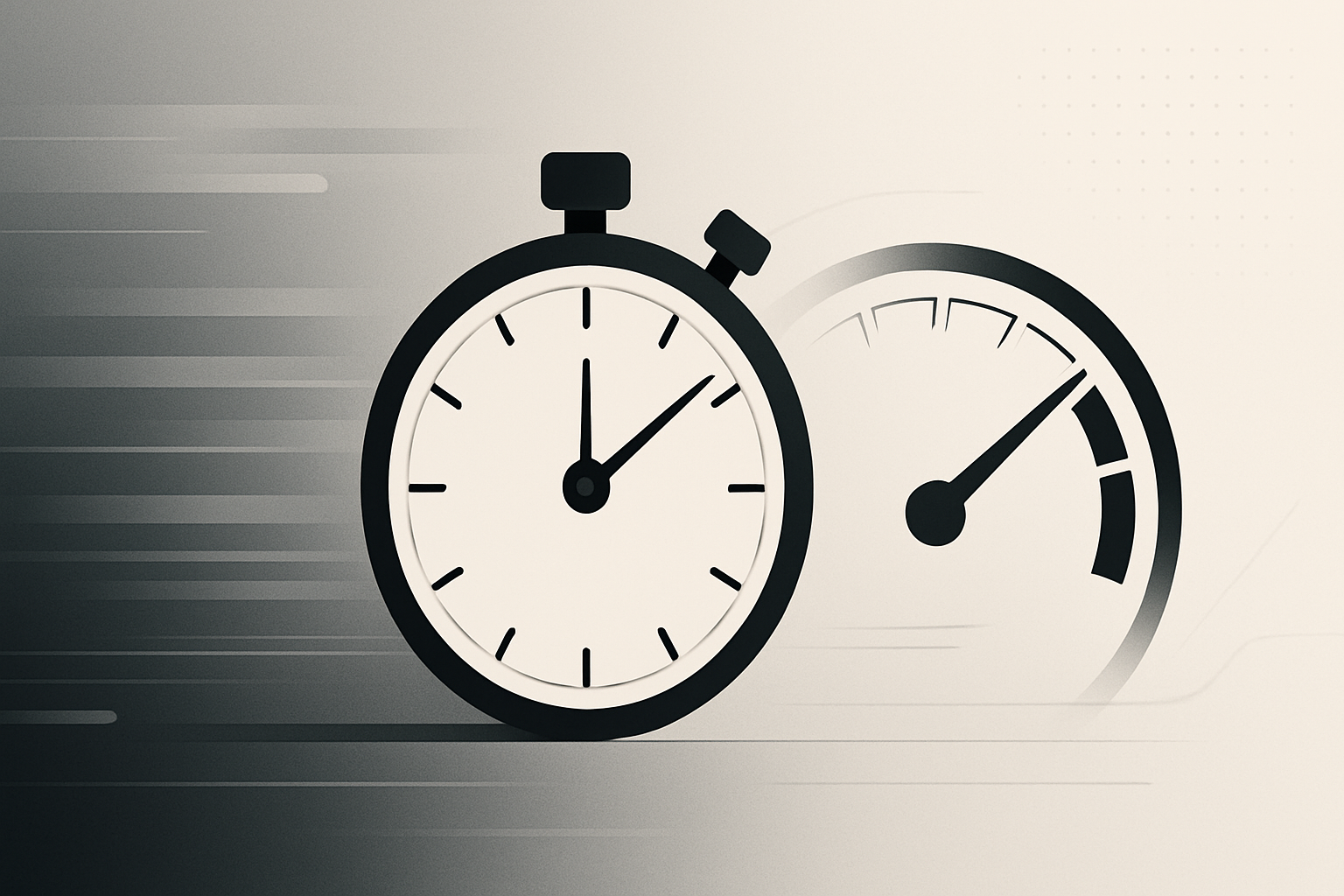 20250919_1802_Sleek High-Tech Banner_simple_compose_01k5gprxmhf6kakjy17cc40y85 a modern, minimalist website banner in a clean and professional style. Uses a black, white, and grey color palette with subtle dark-nude highlights. The design features abstract digital elements that symbolize speed and performance, such as a sleek stopwatch, speedometer, or subtle motion lines, blended into a clean tech-inspired background.