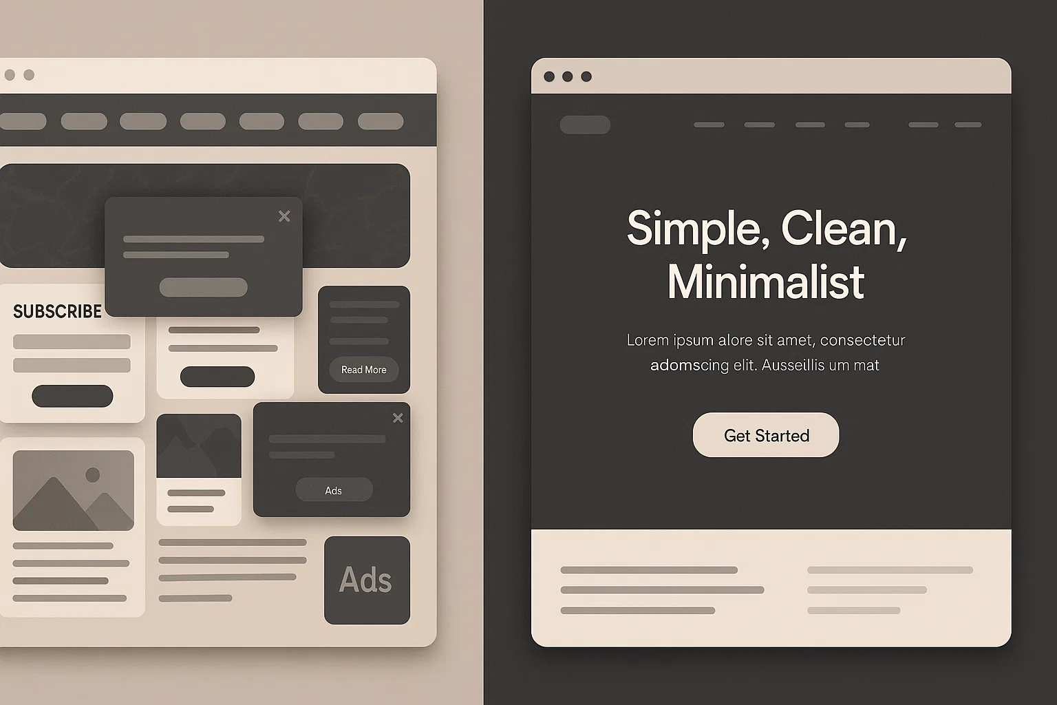 assets_task_01k4zgktnxf8r915r2t0d5k750_1757699339_img_0 A split-screen modern web design concept that shows contrast between a failed website and a successful one. On the left side, display a cluttered, overwhelming website mockup with too many popups, dense navigation menus, and heavy visuals. On the right side, show a clean, elegant, minimalist website mockup with a clear headline, spacious layout, and a bold call-to-action button.